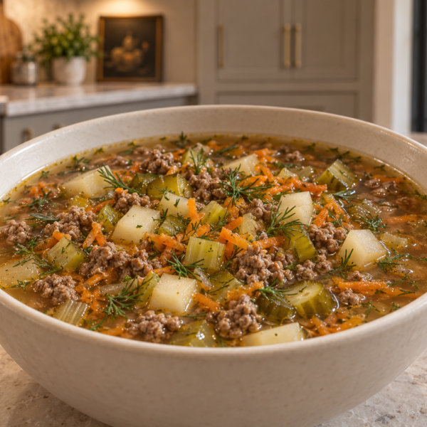 Full GAPS dill pickle ground beef soup with turnips carrots celery and fresh dill