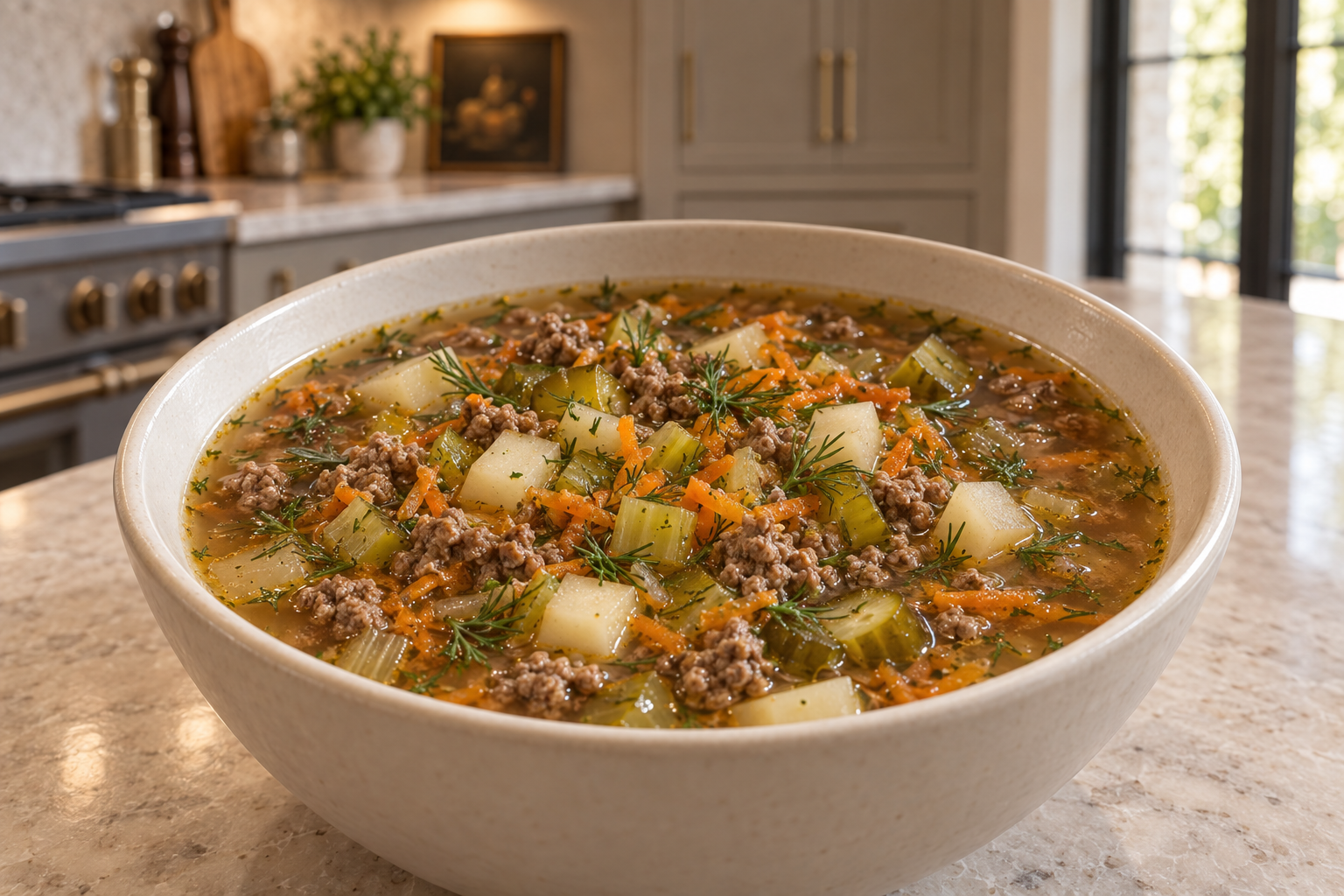 Full GAPS dill pickle ground beef soup with turnips carrots celery and fresh dill
