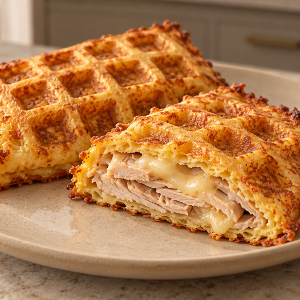 Coconut flour turkey and aged Gruyere waffle pocket cut open on a plate