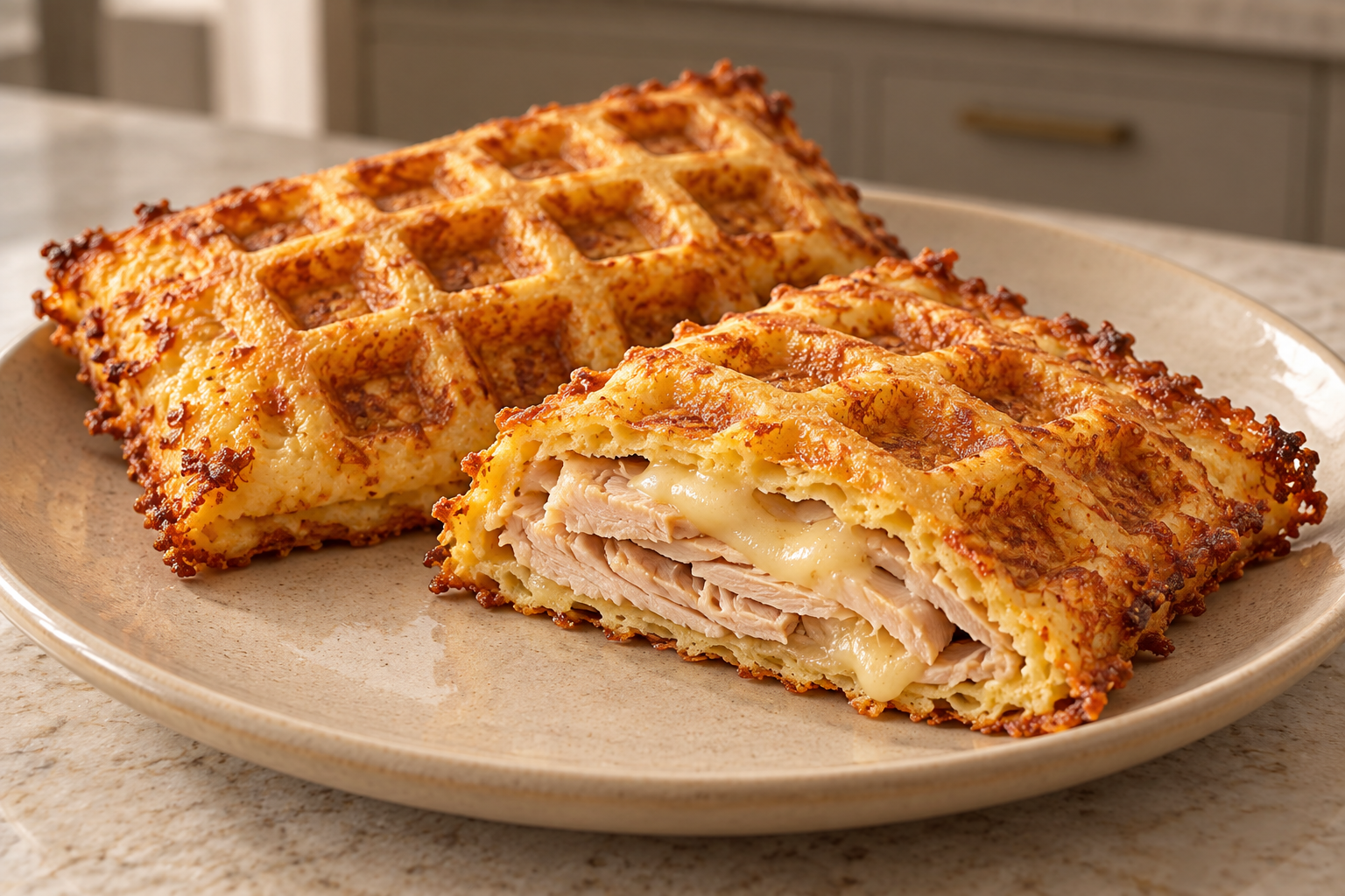 Coconut flour turkey and aged Gruyere waffle pocket cut open on a plate