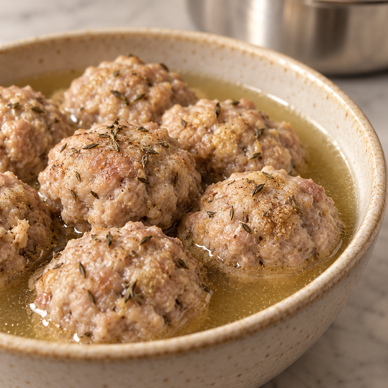 Tender Full GAPS poached turkey herb meatballs in a shallow bowl with clear chicken meat stock