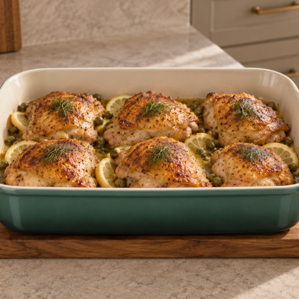 Full GAPS baked chicken piccata in an Artichaut rectangular baking dish