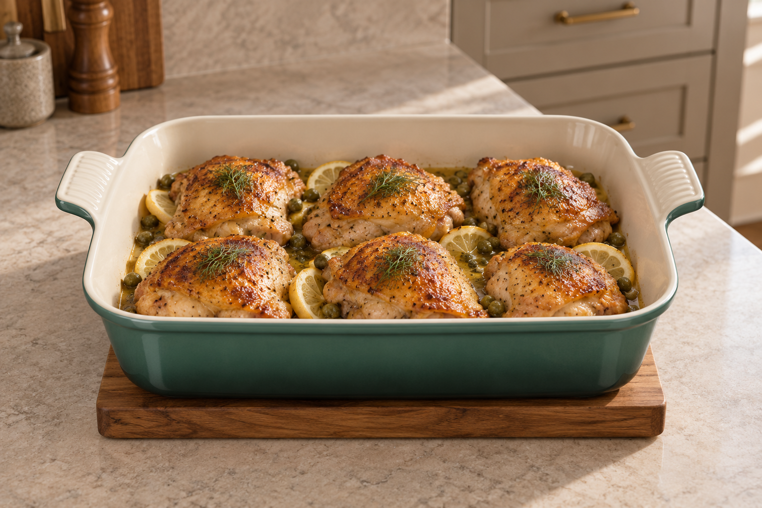 Full GAPS baked chicken piccata in an Artichaut rectangular baking dish