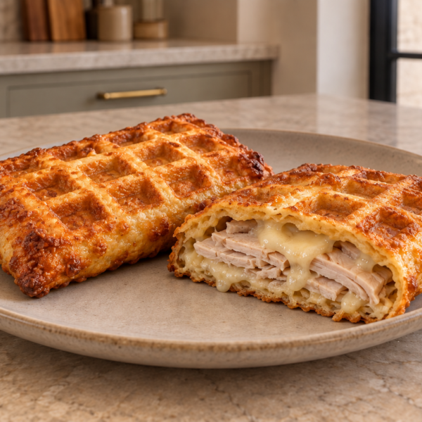 Almond flour turkey and aged Gruyere waffle pocket cut open on a plate
