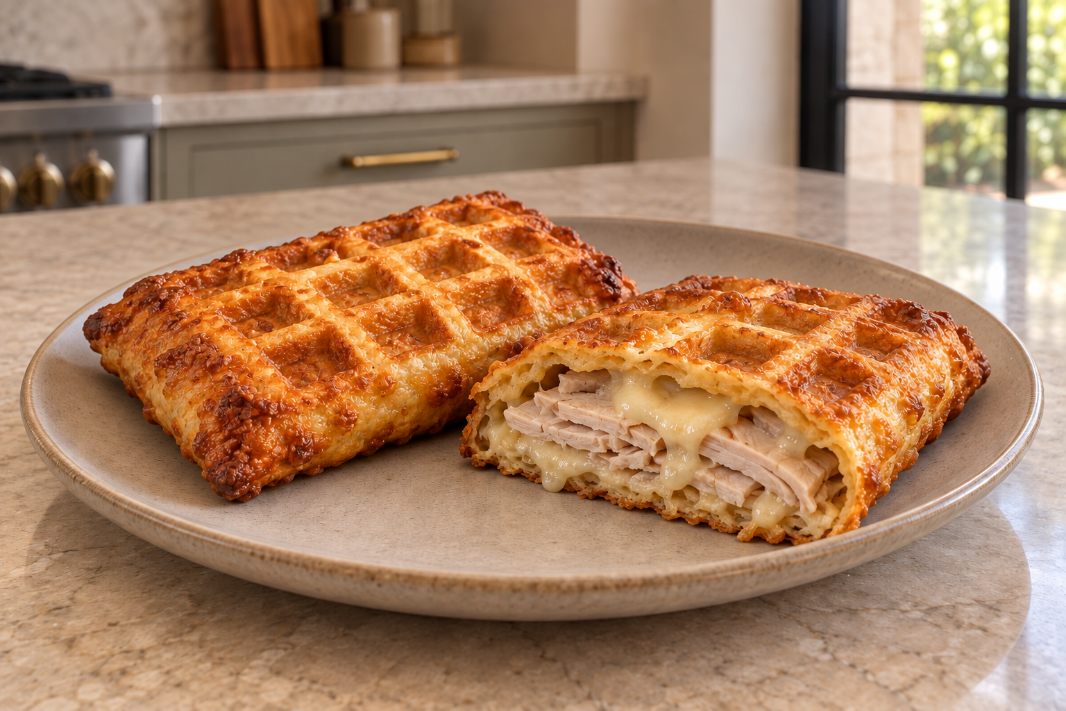 Almond flour turkey and aged Gruyere waffle pocket cut open on a plate