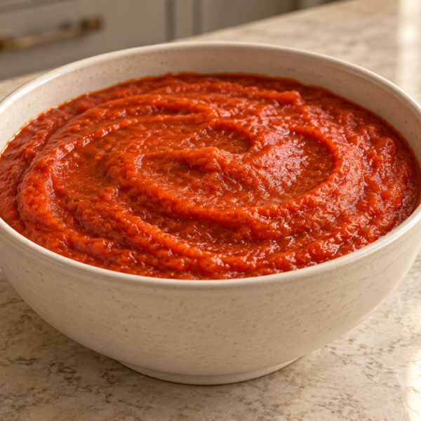 Smooth red-orange stovetop nomato sauce in a ceramic bowl