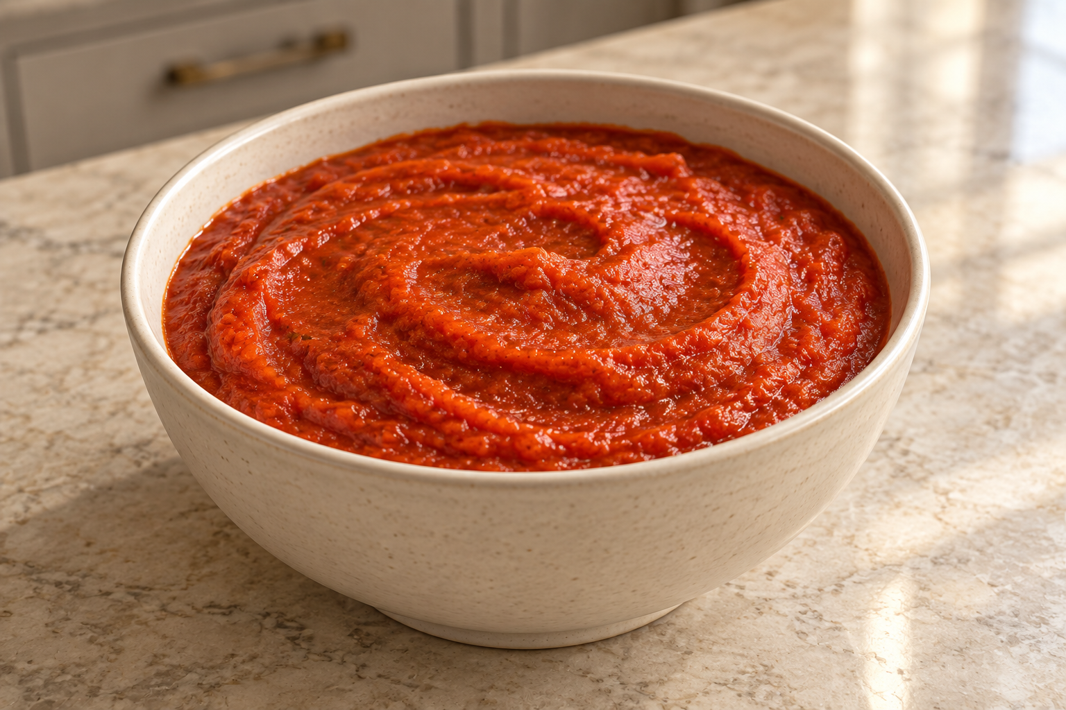 Smooth red-orange stovetop nomato sauce in a ceramic bowl