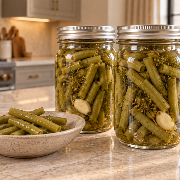 Two jars and a serving bowl of Full GAPS pickled string beans