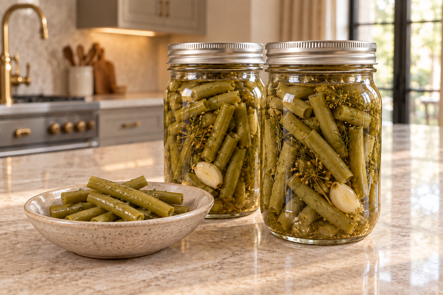 Two jars and a serving bowl of Full GAPS pickled string beans