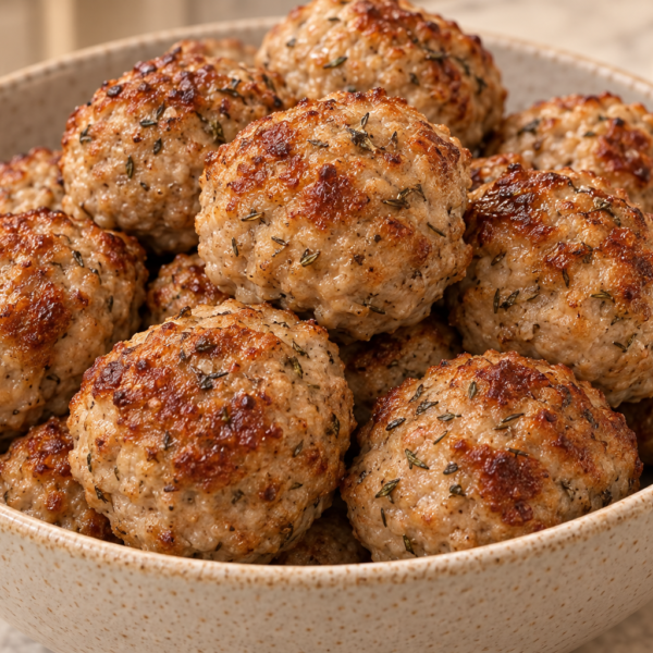Browned Full GAPS baked turkey herb meatballs in a warm stoneware bowl