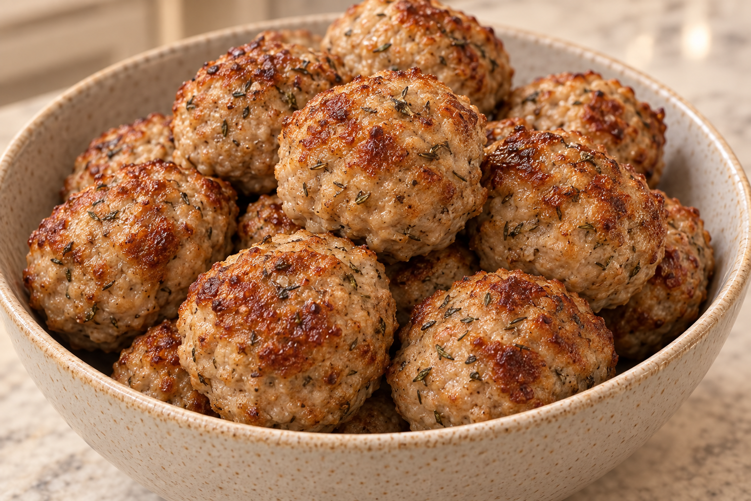 Browned Full GAPS baked turkey herb meatballs in a warm stoneware bowl