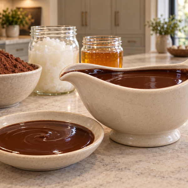 Warm pourable Full GAPS cocoa sauce in a cream ceramic sauce boat