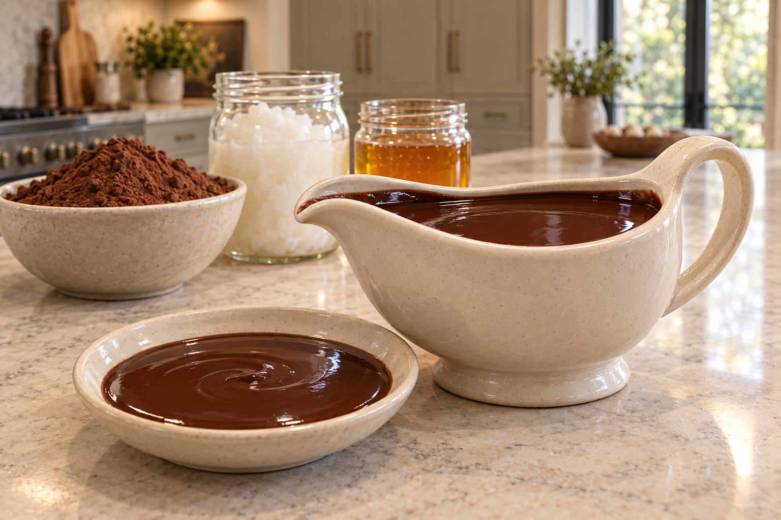 Warm pourable Full GAPS cocoa sauce in a cream ceramic sauce boat