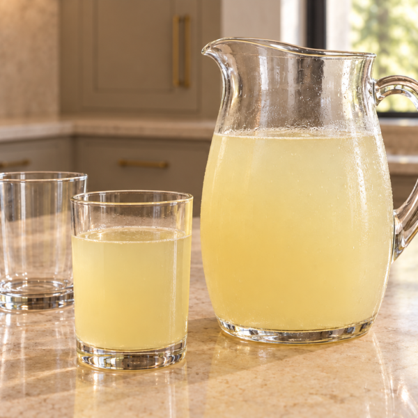 Glass pitcher and two glasses of pale ginger lemonade with raw honey