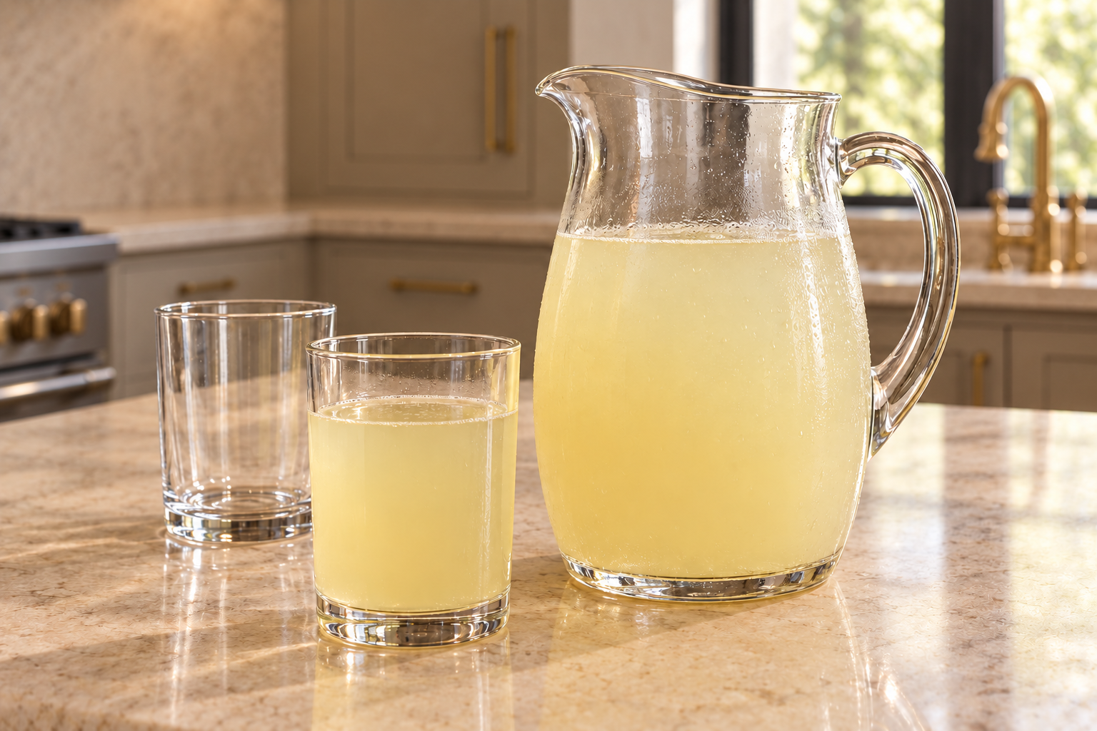 Glass pitcher and two glasses of pale ginger lemonade with raw honey