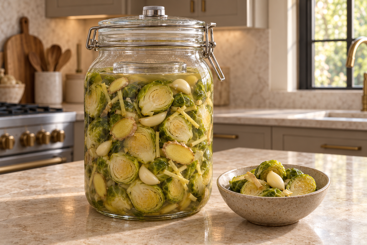 Fermented Brussels sprouts with garlic and ginger in a weighted glass jar