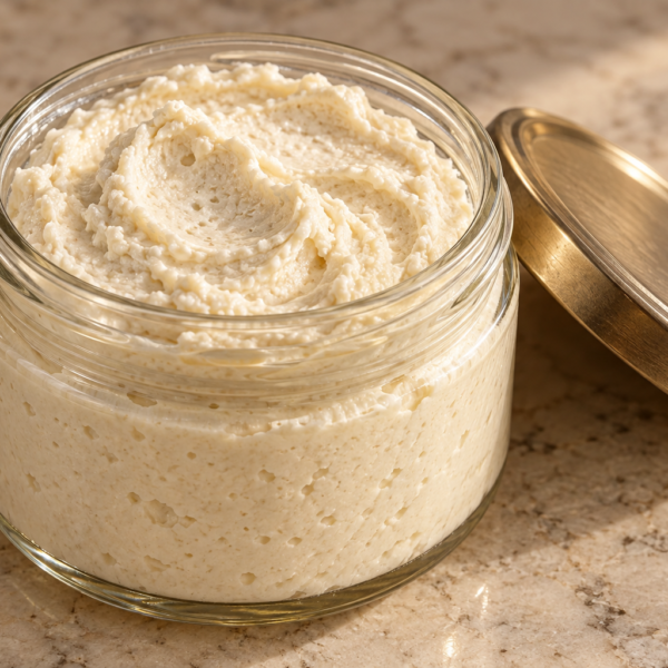 Soft Full GAPS fermented macadamia nut cheese in a clear glass jar with a loose metal lid