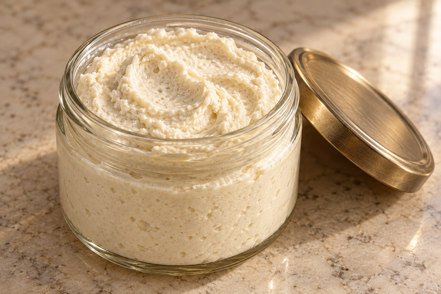 Soft Full GAPS fermented macadamia nut cheese in a low clear glass jar with a loose metal lid