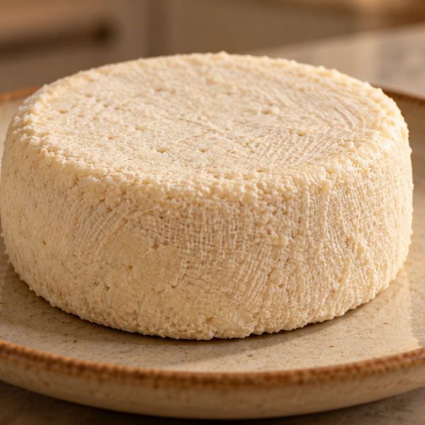 Dehydrated Full GAPS fermented macadamia nut cheese wheel on a ceramic plate