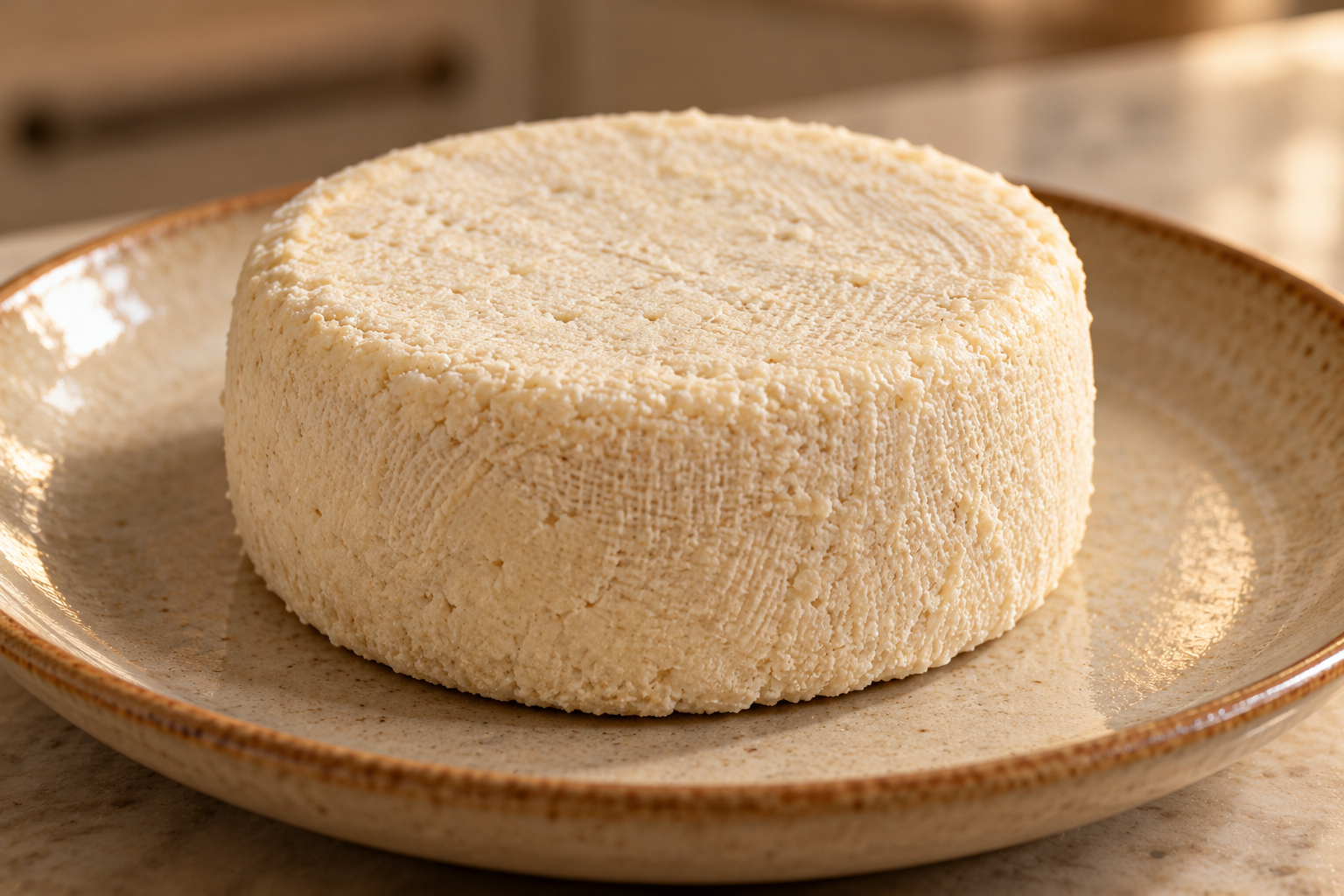 Dehydrated Full GAPS fermented macadamia nut cheese wheel on a ceramic plate