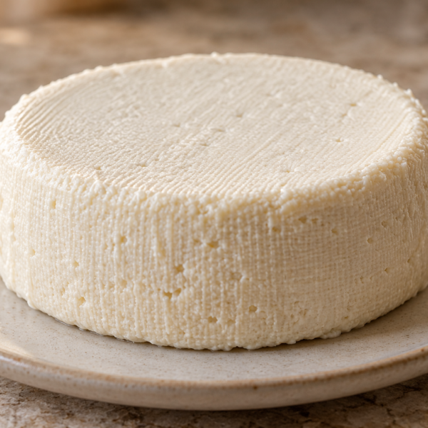 Strained and chilled Full GAPS fermented macadamia nut cheese wheel on a ceramic plate