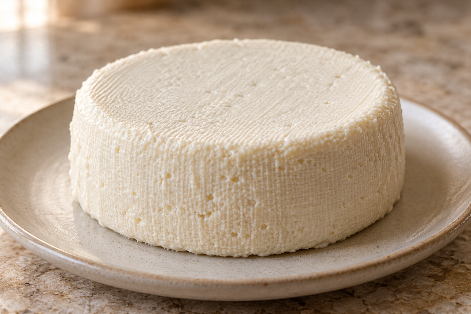 Strained and chilled Full GAPS fermented macadamia nut cheese wheel on a ceramic plate