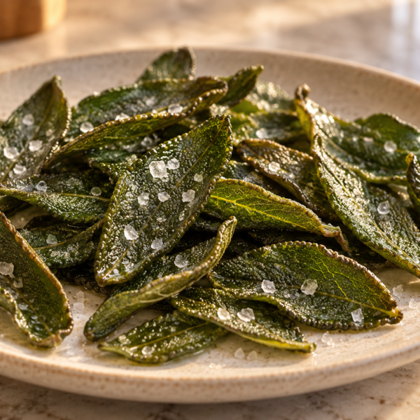 Crisp Quick Skillet-Fried Sage leaves with coarse mineral salt on a ceramic platter