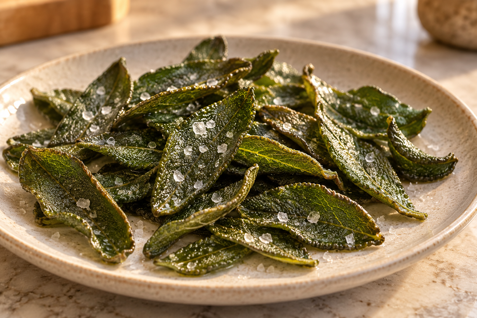 Crisp Quick Skillet-Fried Sage leaves with coarse mineral salt on a ceramic platter