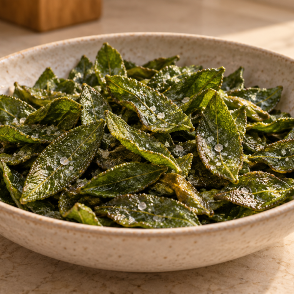 Bowl of 30 to 40 Fast Cast Iron Fried Sage leaves with mineral salt for Full GAPS