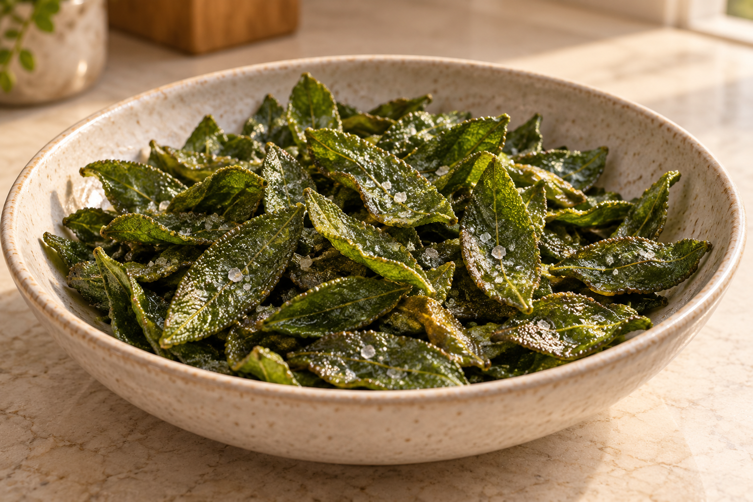 Bowl of 30 to 40 Fast Cast Iron Fried Sage leaves with mineral salt for Full GAPS