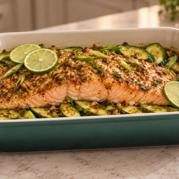 Ginger-Lime Salmon with zucchini baked in an Artichaut Le Creuset Heritage dish for Full GAPS