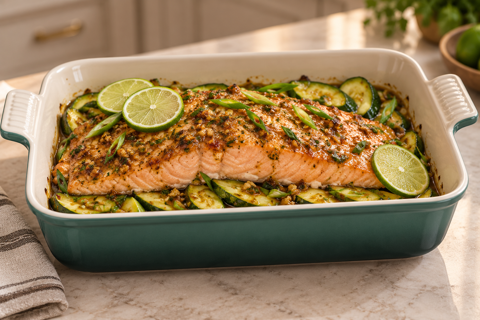 Ginger-Lime Salmon with zucchini baked in an Artichaut Le Creuset Heritage dish for Full GAPS