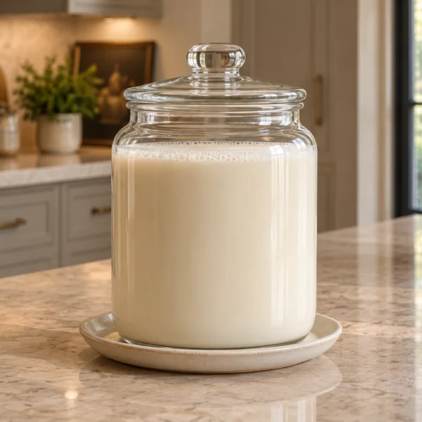 Covered glass jar of properly prepared macadamia nut milk for Full GAPS
