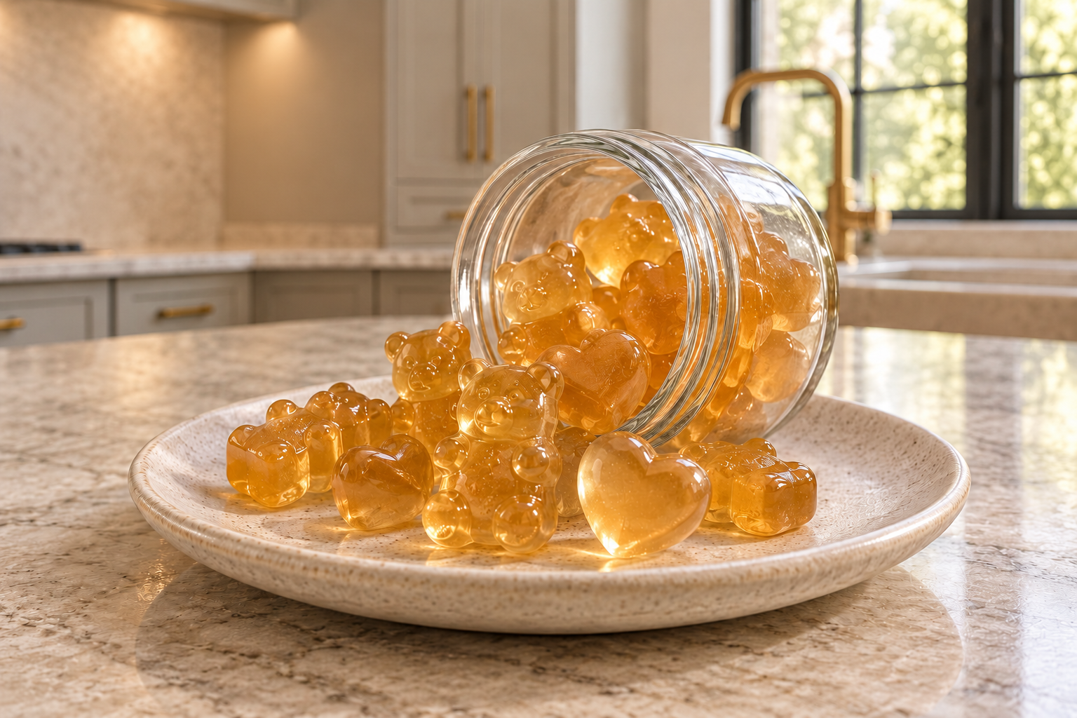 Ginger tea gummies spilling from a glass jar onto a ceramic plate