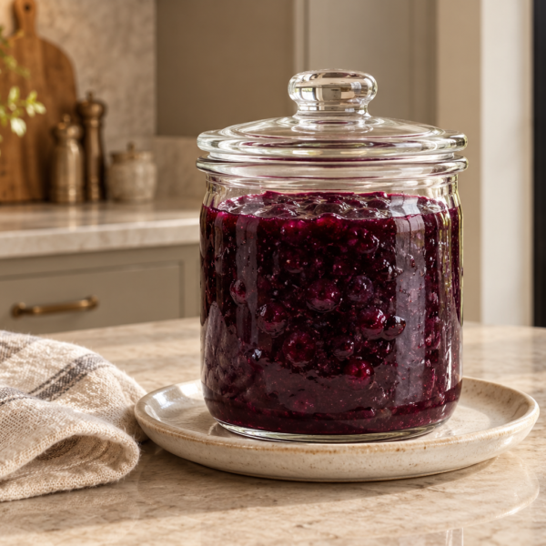 Covered glass jar of raw-honey blueberry gelatin jam for Full GAPS