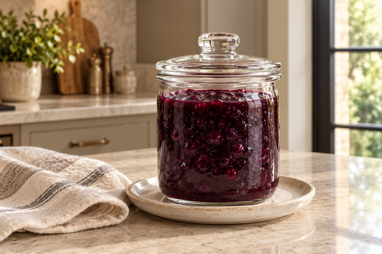 Covered glass jar of raw-honey blueberry gelatin jam for Full GAPS