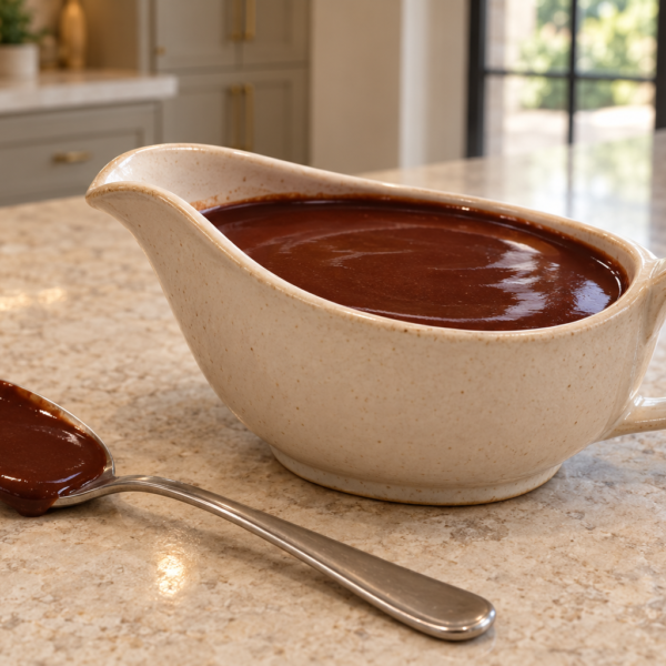 Three-ingredient Full GAPS cocoa drizzle in a supported ceramic sauce boat