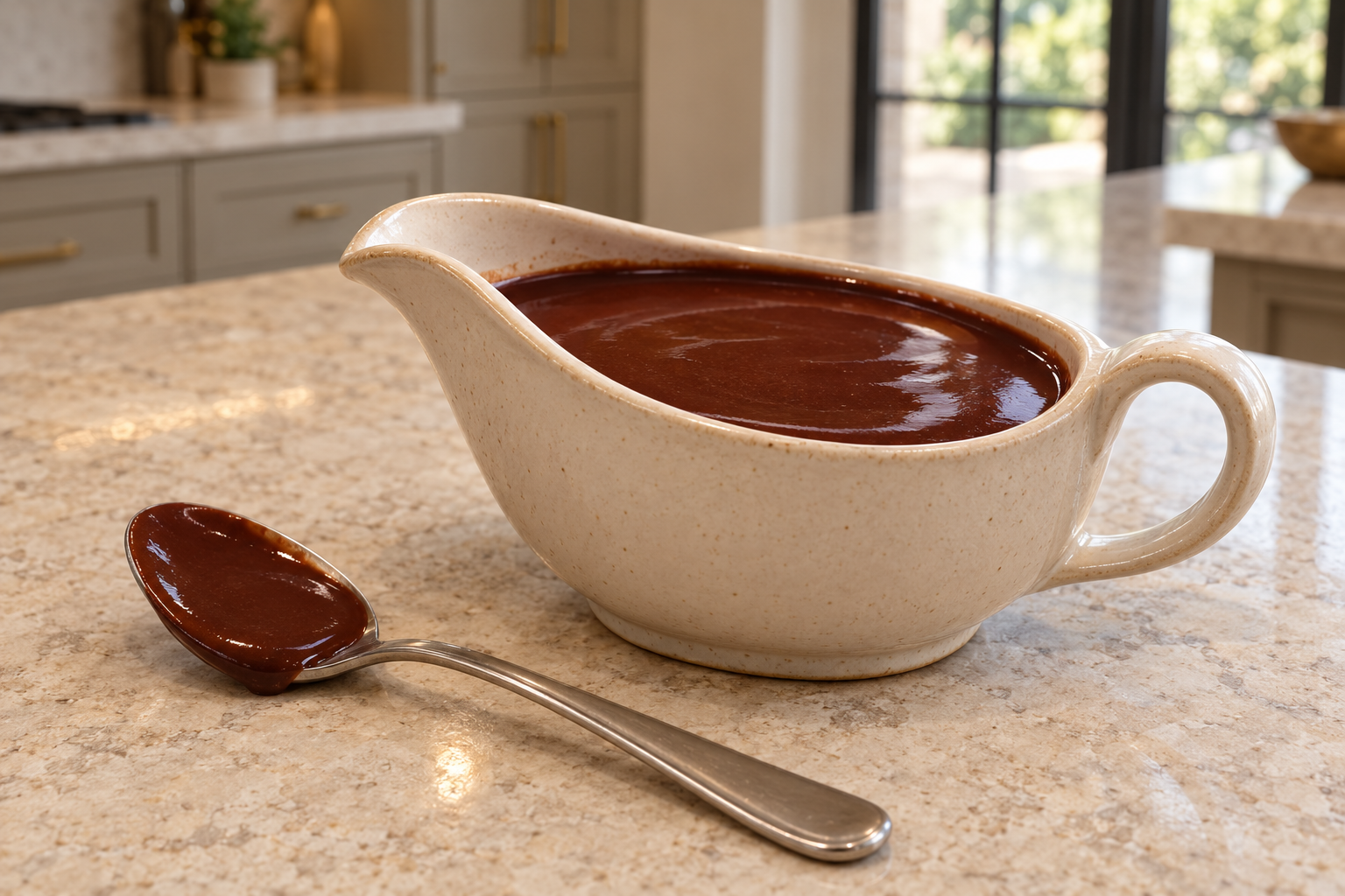 Three-ingredient Full GAPS cocoa drizzle in a supported ceramic sauce boat