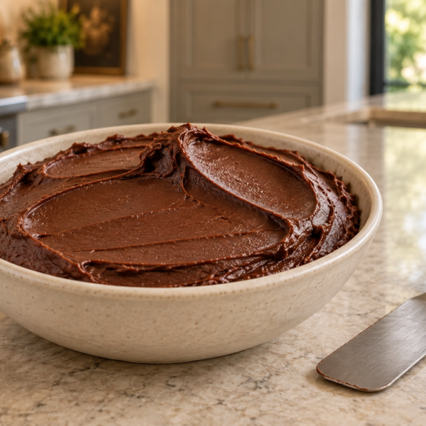 Gelatin-set Full GAPS cocoa frosting with a firm satin spatula trail