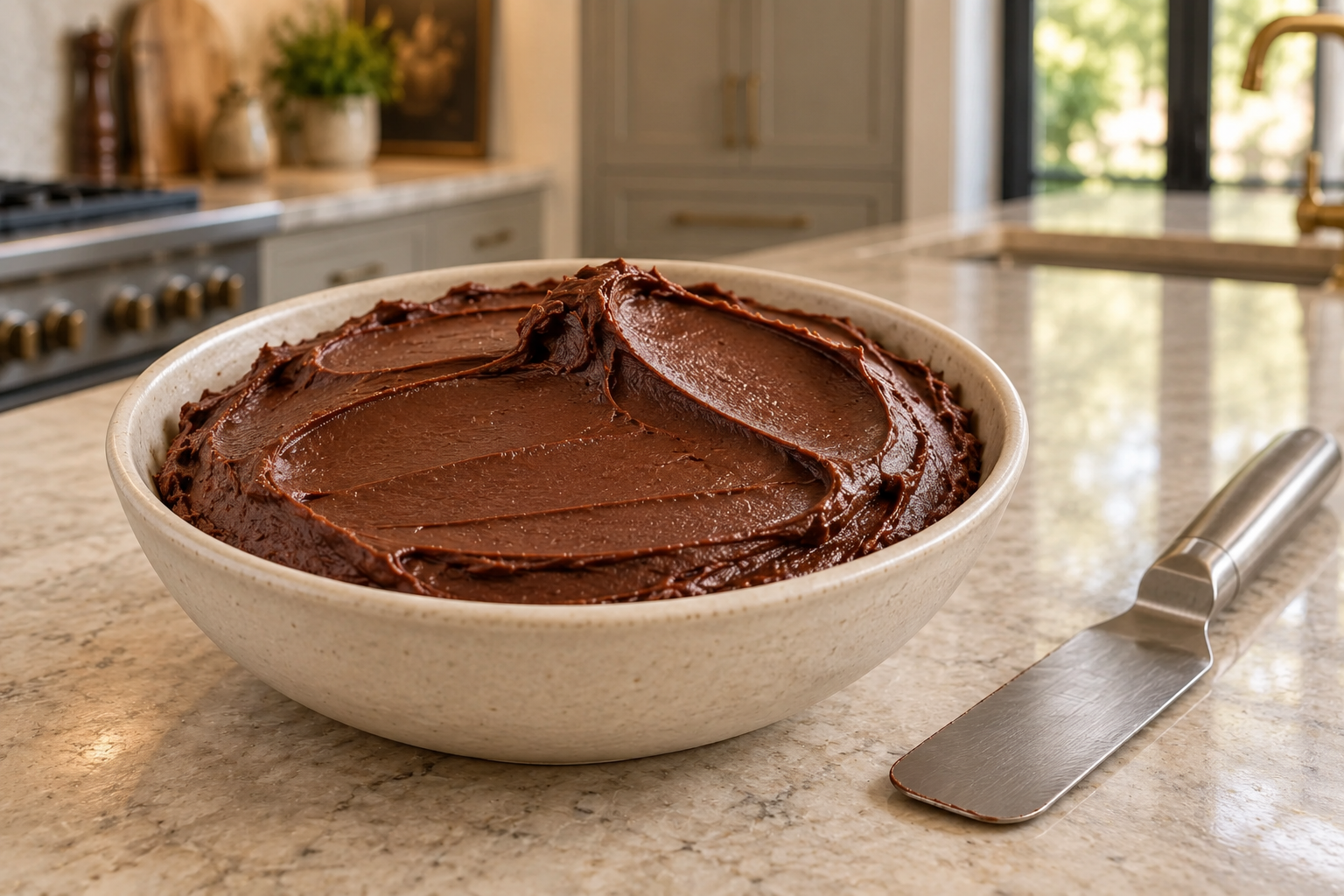Gelatin-set Full GAPS cocoa frosting with a firm satin spatula trail