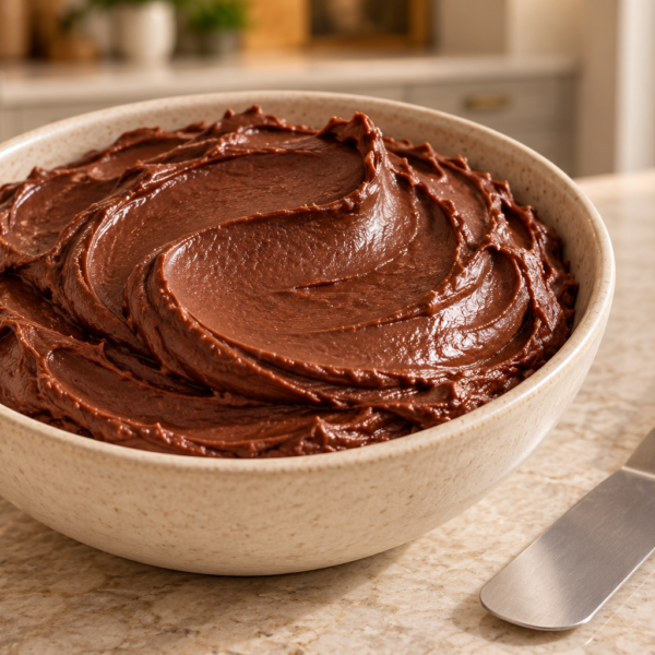 Smooth Full GAPS cocoa cake frosting with a broad satin spatula sweep