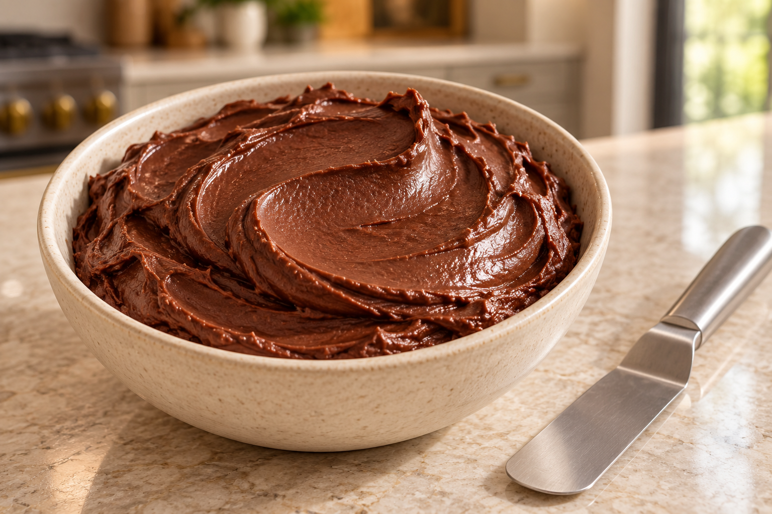 Smooth Full GAPS cocoa cake frosting with a broad satin spatula sweep