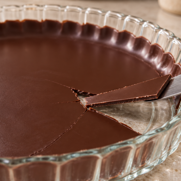 Thin deep cocoa homemade chocolate shell with a clean snapped edge