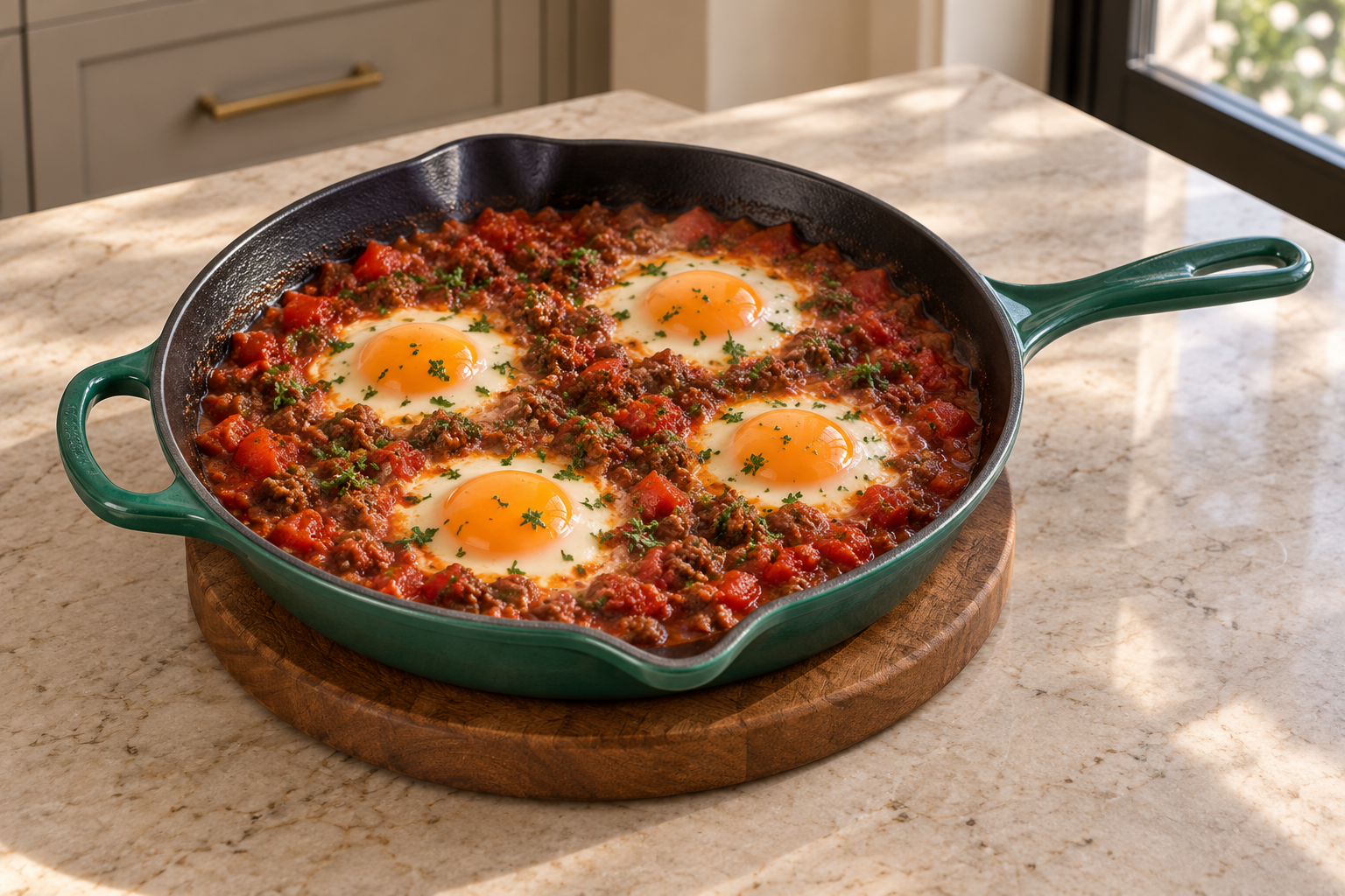 Beef shakshuka with four softly cooked eggs and minced parsley