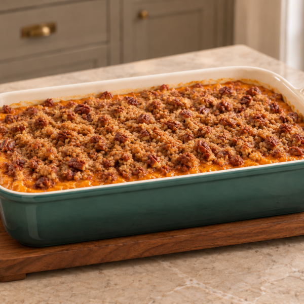 Full GAPS butternut squash casserole with golden pecan crumb in an Artichaut baking dish
