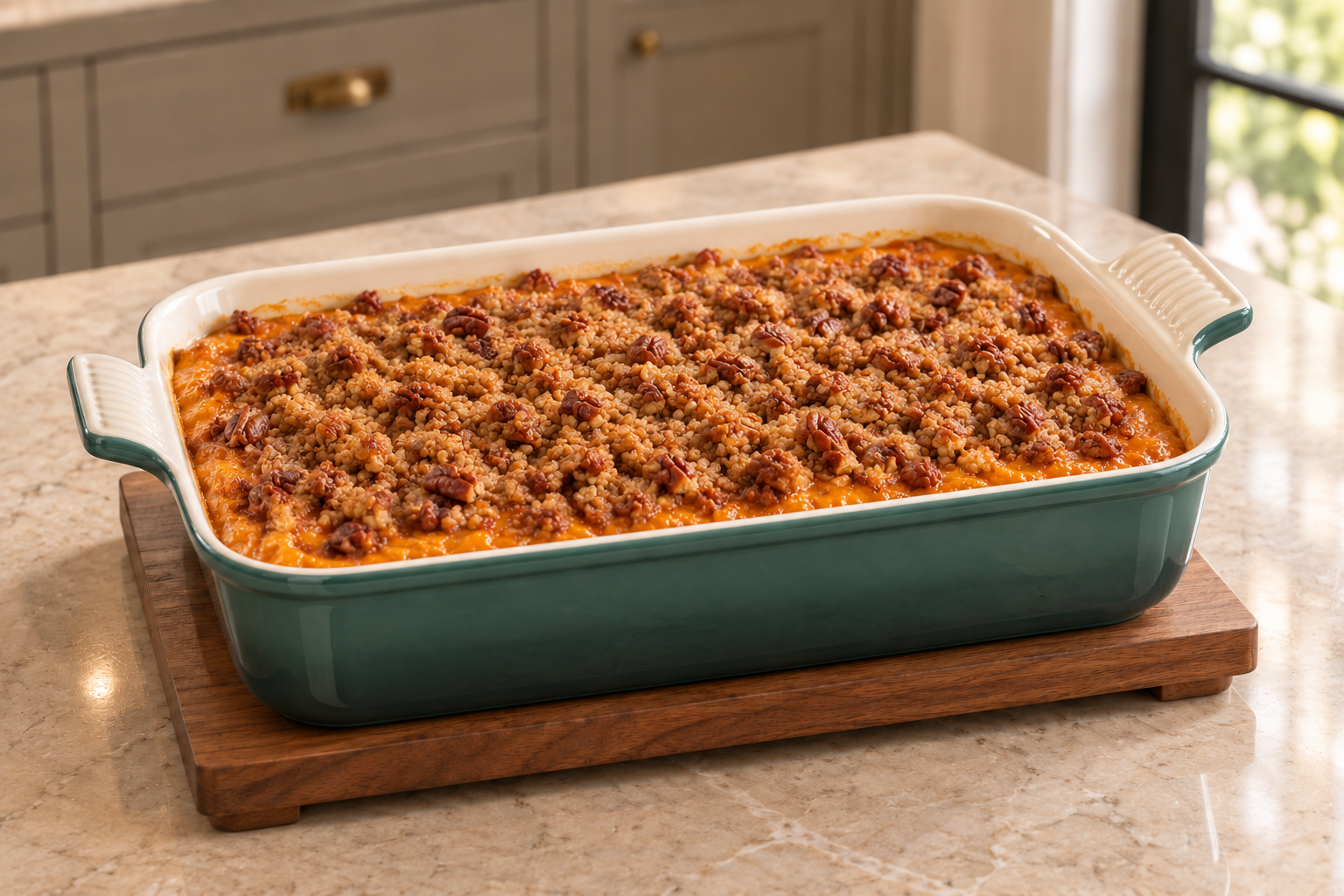 Full GAPS butternut squash casserole with golden pecan crumb in an Artichaut baking dish