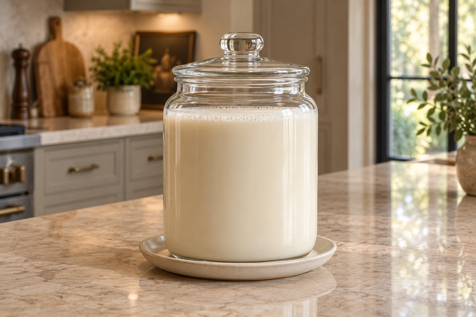 Covered glass jar of properly prepared macadamia nut milk for Full GAPS