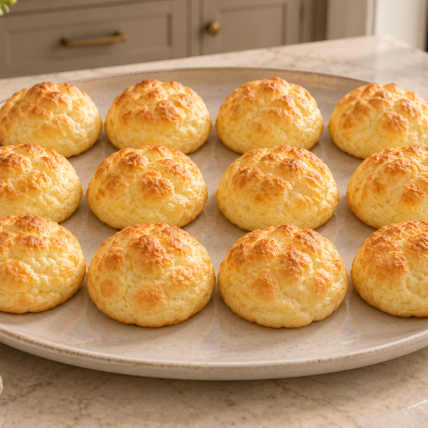 Twelve golden Brie cloud bread rolls arranged on a ceramic platter for Later Full GAPS