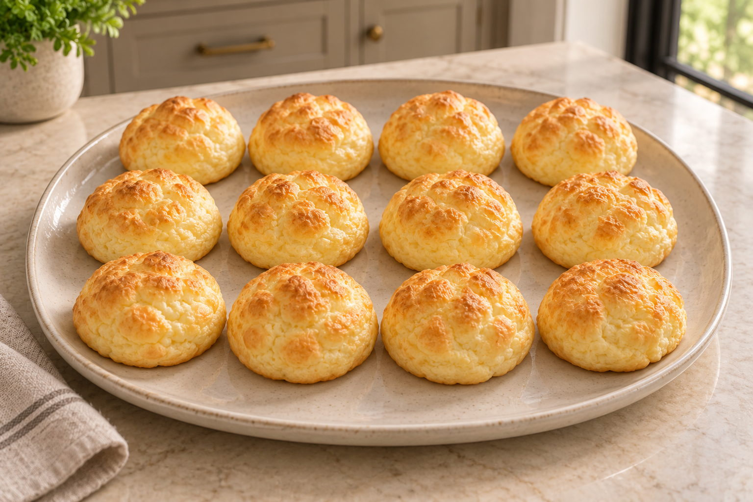 Twelve golden Brie cloud bread rolls arranged on a ceramic platter for Later Full GAPS