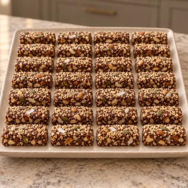 Twenty-eight no-bake sesame chocolate nut bites arranged in seven rows of four